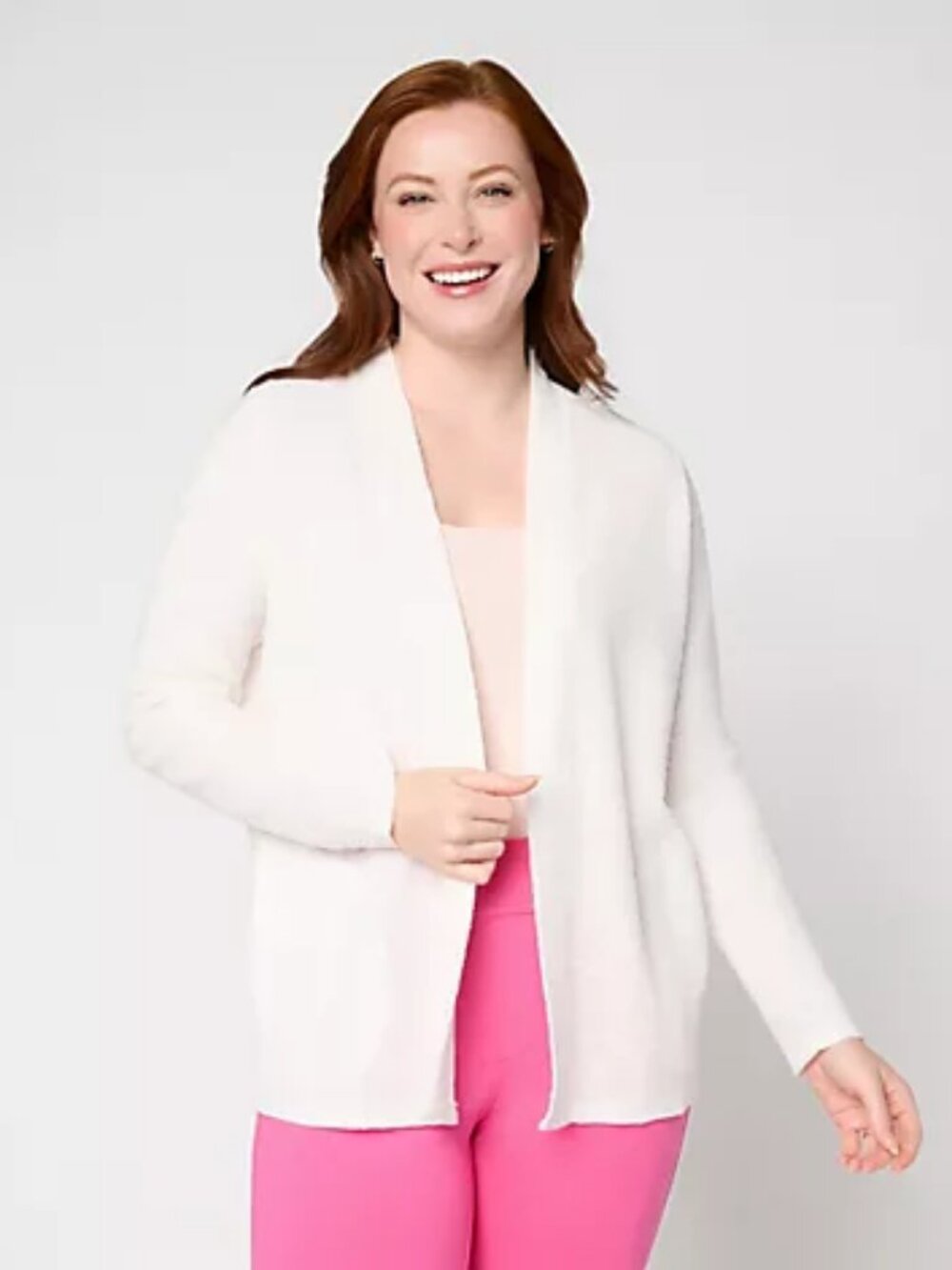 Belle by Kim Gravel Sweatshirt Slub Open Front Long Cardigan, White Sz S a721072